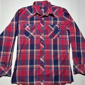 Vintage Wrangler Western Shirt Red and Blue Plaid Men’s XLT Pearl Snaps